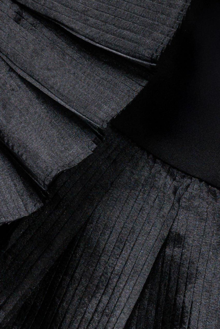 Goddiva One Shoulder Pleated Fan Maxi Dress - Black