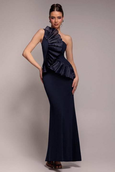 Goddiva One Shoulder Pleated Fan Maxi Dress - Navy Blue