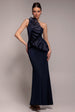 Goddiva One Shoulder Pleated Fan Maxi Dress - Navy Blue