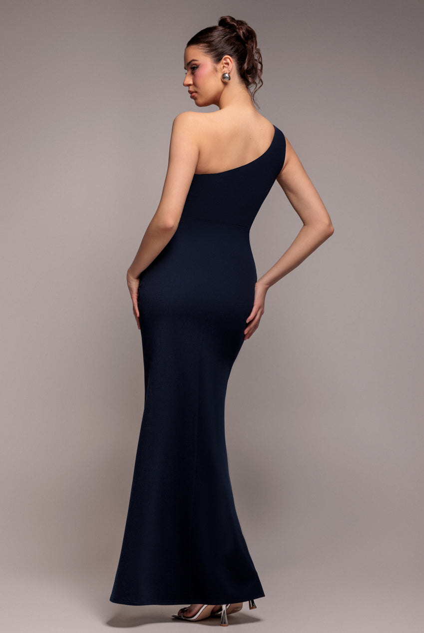 Goddiva One Shoulder Pleated Fan Maxi Dress - Navy Blue