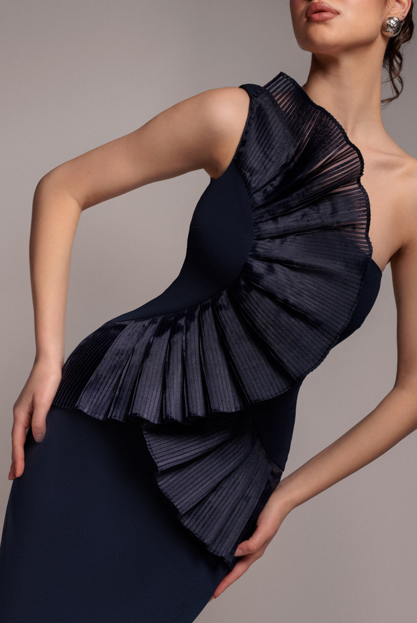 Goddiva One Shoulder Pleated Fan Maxi Dress - Navy Blue
