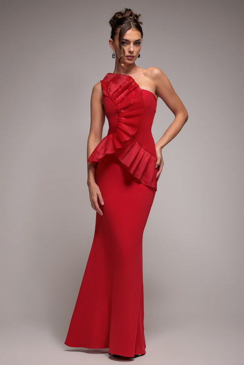 Goddiva One Shoulder Pleated Fan Maxi Dress - Red