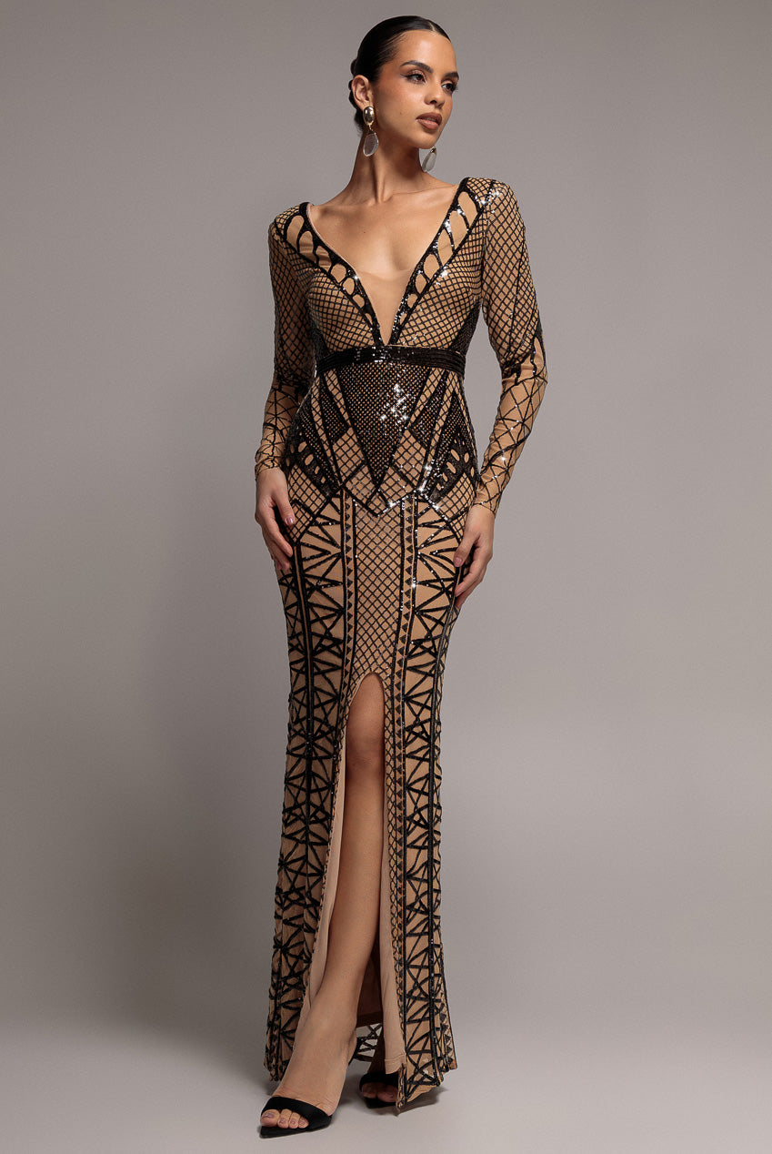 Goddiva Geometric Sequin Plunge Maxi - Black