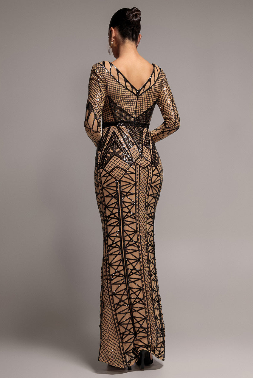 Goddiva Geometric Sequin Plunge Maxi - Black