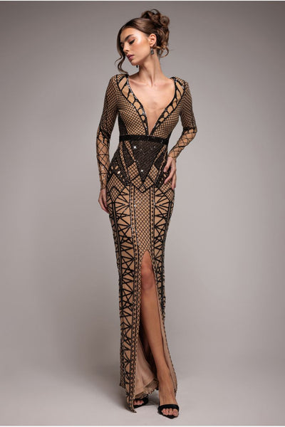 Black - Goddiva Geometric Sequin Plunge Maxi - Black