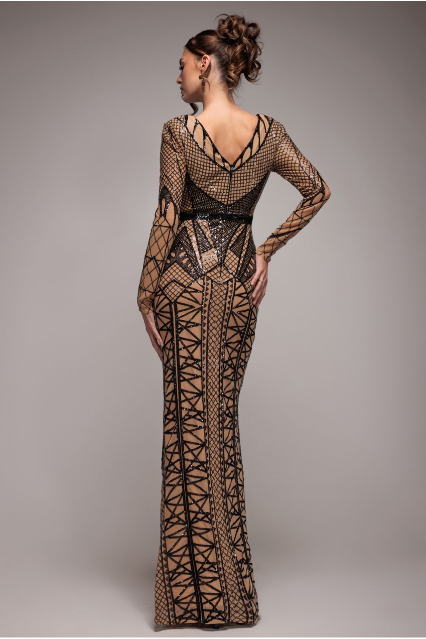 Goddiva Geometric Sequin Plunge Maxi - Black