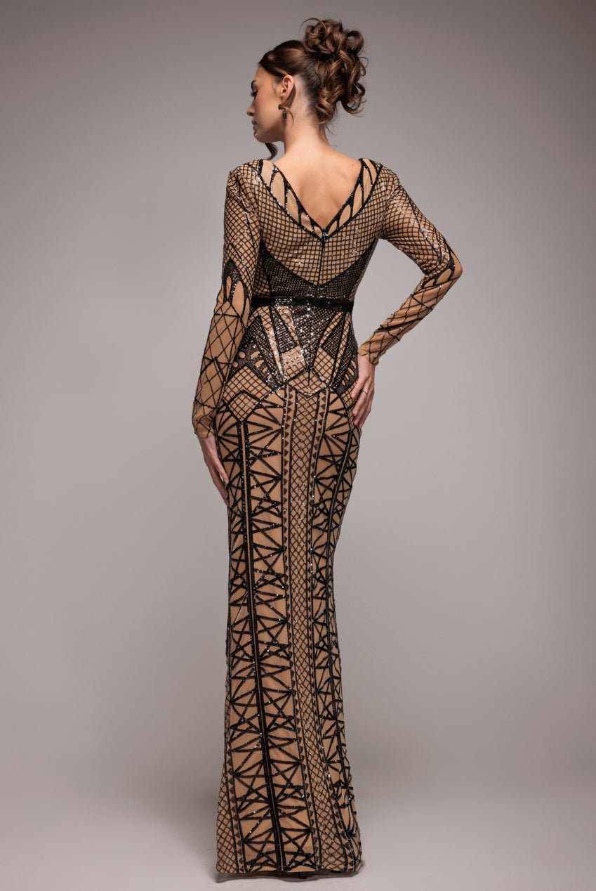 Goddiva Geometric Sequin Plunge Maxi - Black