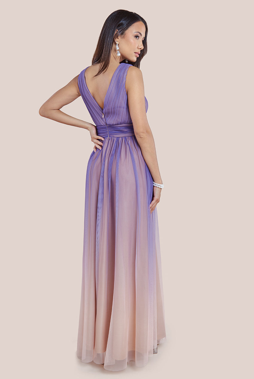 Goddiva Sleeveless Ombre Pleated A-Line Maxi Dress - Lilac Ombre