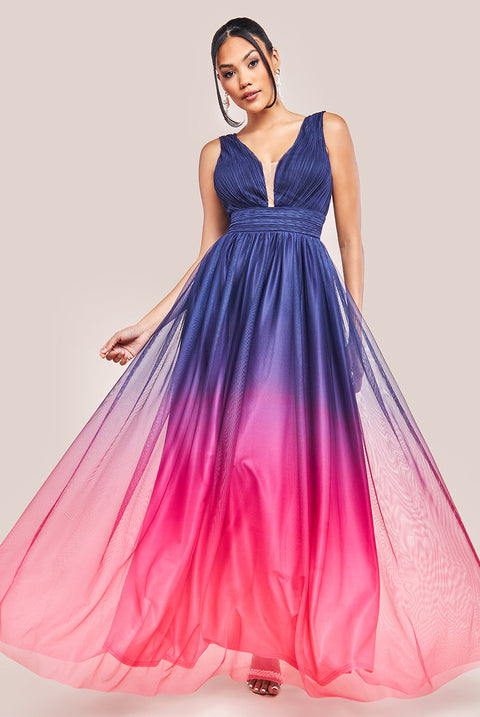 Goddiva Sleeveless Ombre Pleated A-Line Maxi Dress - Pink Ombre