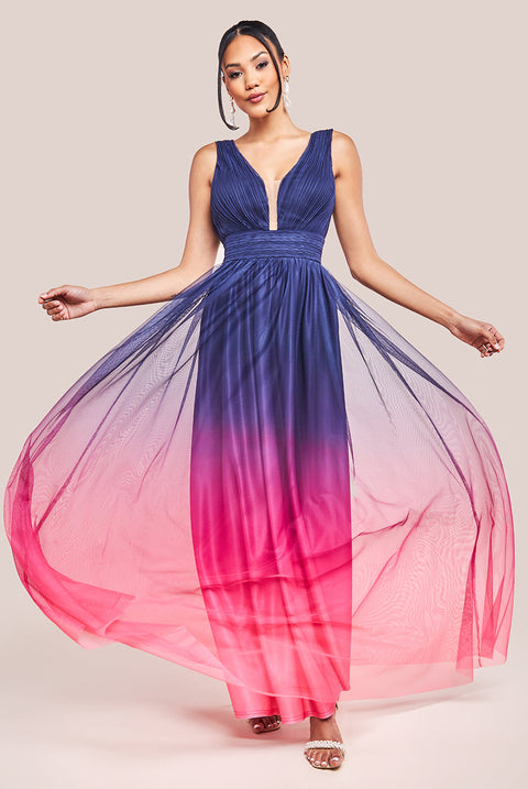 Goddiva Sleeveless Ombre Pleated A-Line Maxi Dress - Pink Ombre