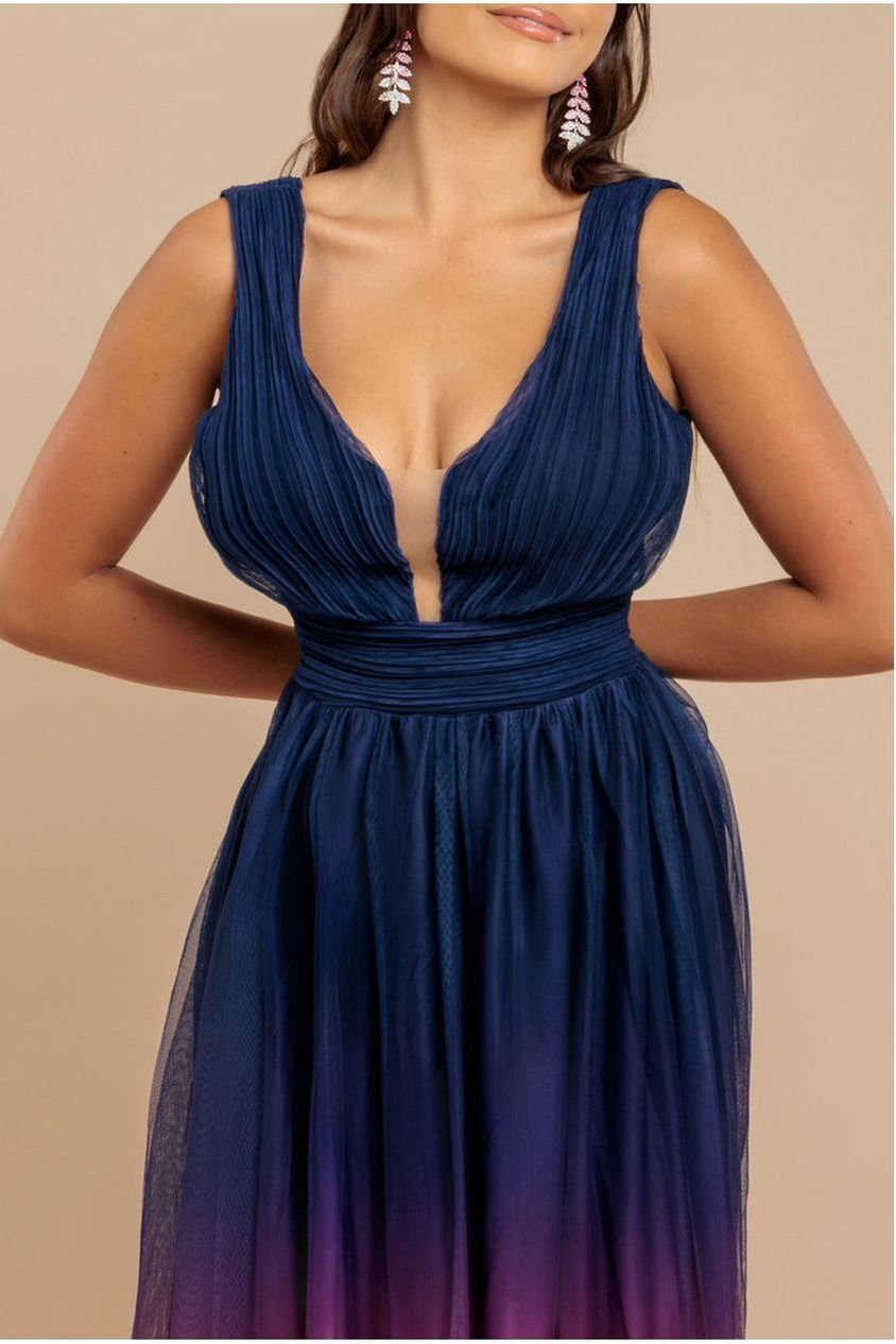 Goddiva Sleeveless Ombre Pleated A-Line Maxi Dress - Pink Ombre