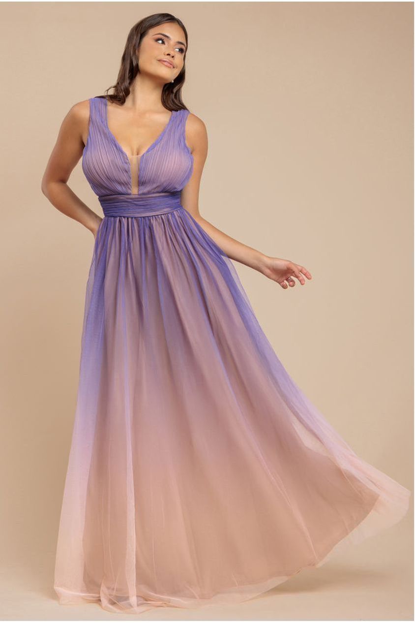 Goddiva Sleeveless Ombre Pleated A-Line Maxi Dress - Lilac Ombre