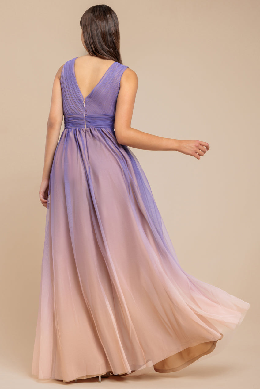Goddiva Sleeveless Ombre Pleated A-Line Maxi Dress - Lilac Ombre