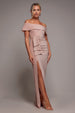 Goddiva Lurex Bardot Maxi With Waterfall Ruffle - Blush
