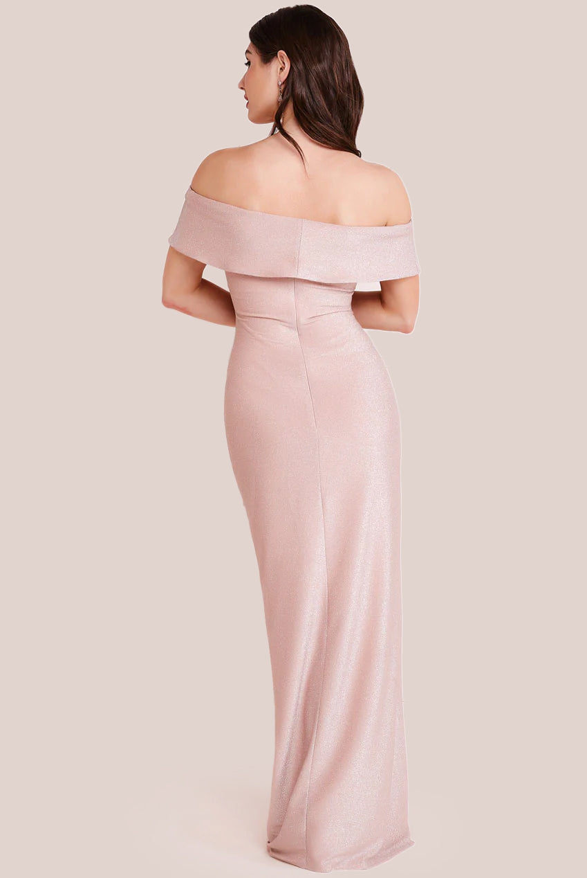 Goddiva Lurex Bardot Maxi With Waterfall Ruffle - Blush