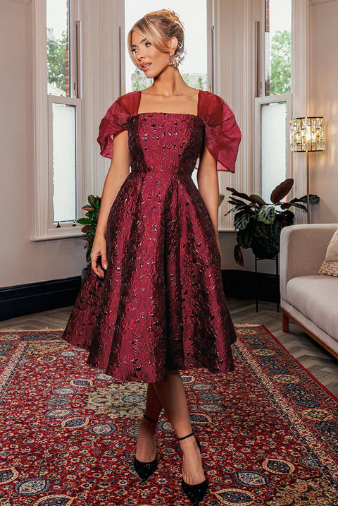 Goddiva Lace Up Jacquard Midi Dress With Organza Wings - Burgundy Red