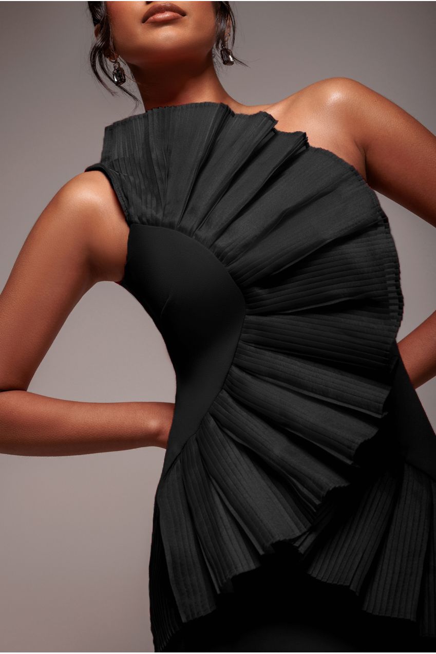 Goddiva One Shoulder Pleated Fan Midi Dress - Black