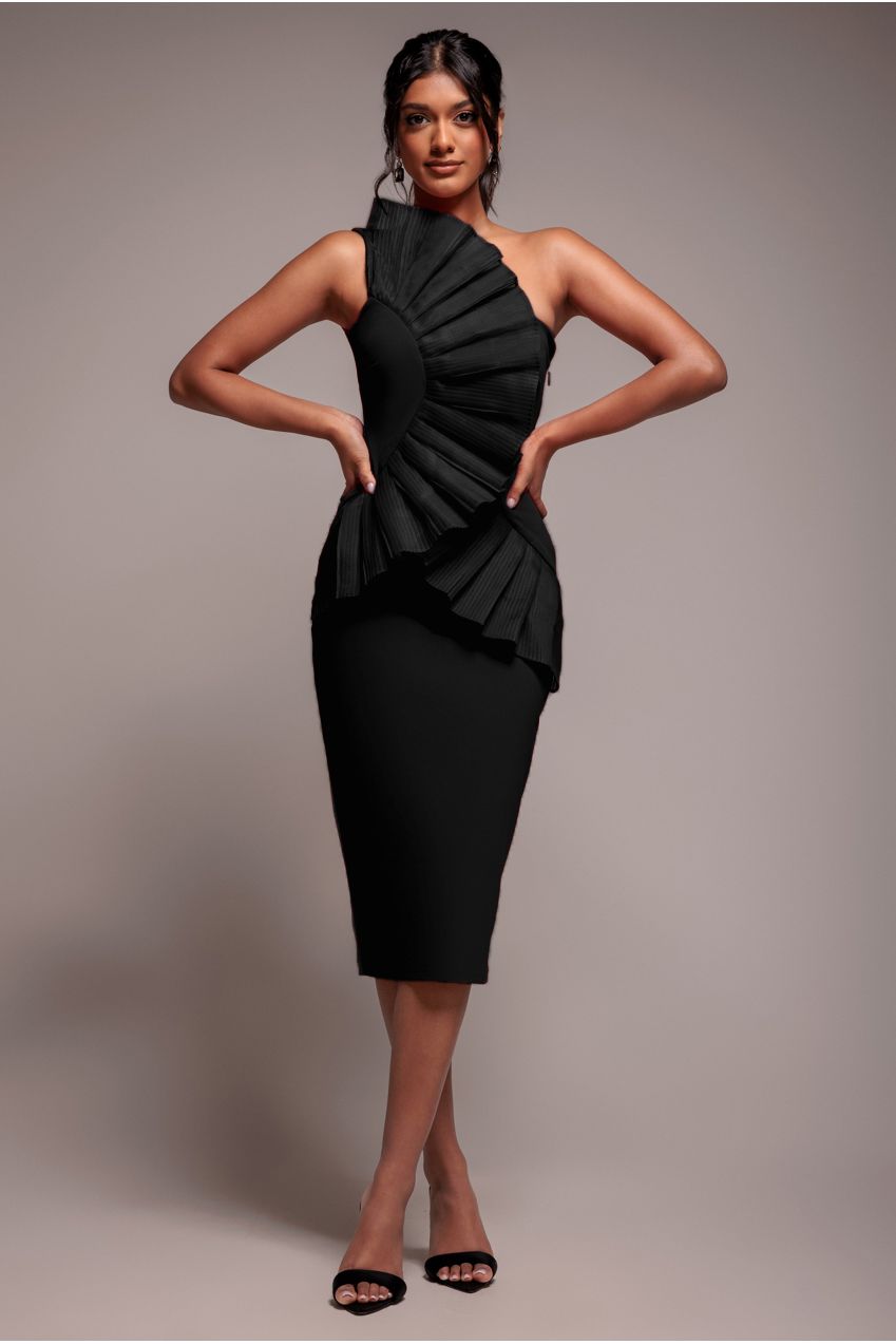 Goddiva One Shoulder Pleated Fan Midi Dress - Black