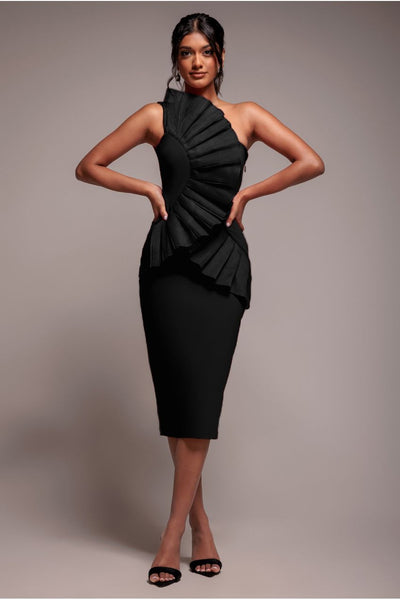 Goddiva One Shoulder Pleated Fan Midi Dress