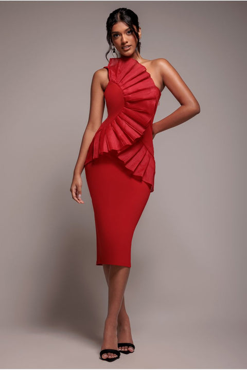 Goddiva One Shoulder Pleated Fan Midi Dress - Red
