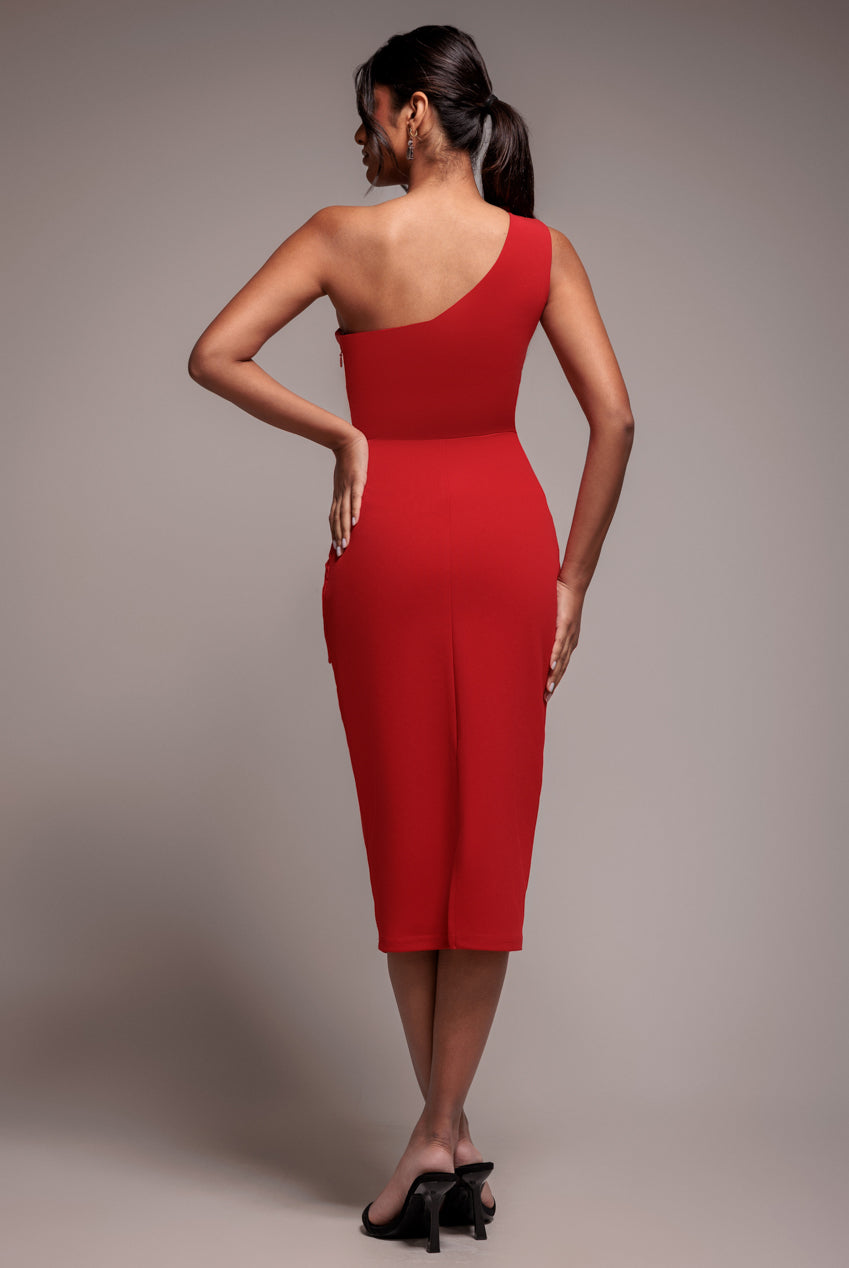 Goddiva One Shoulder Pleated Fan Midi Dress - Red
