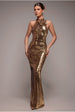 Goddiva Liquid Sequin Halterneck Maxi With Corsage - Gold