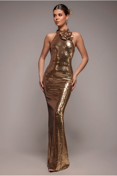 Gold - Goddiva Liquid Sequin Halterneck Maxi With Corsage - Gold