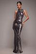 Goddiva Liquid Sequin Halterneck Maxi With Corsage - Silver