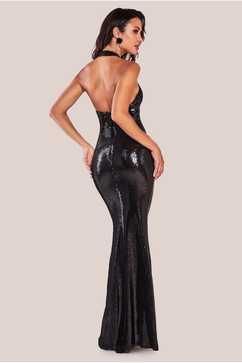 Goddiva Liquid Sequin Halterneck Maxi With Corsage - Black