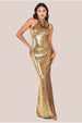 Goddiva Liquid Sequin Halterneck Maxi With Corsage - Gold