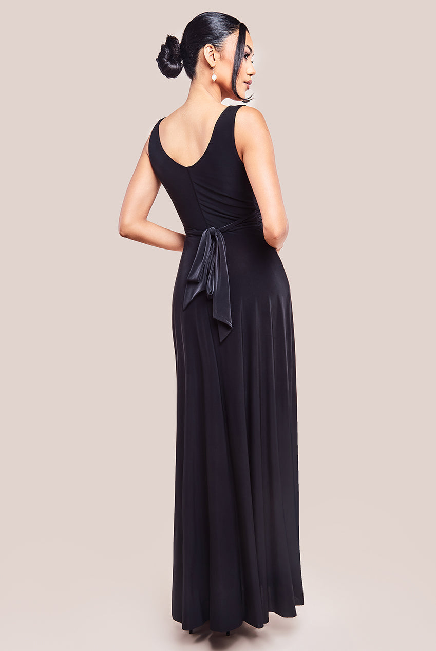 Goddiva Diamante & Scalloped Lace Neck Maxi Dress - Black