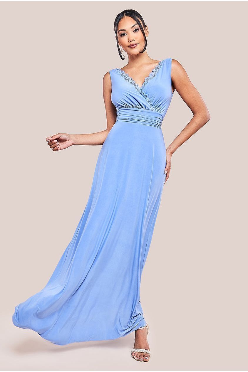 Goddiva Diamante & Scalloped Lace Neck Maxi Dress - Cornflower Blue