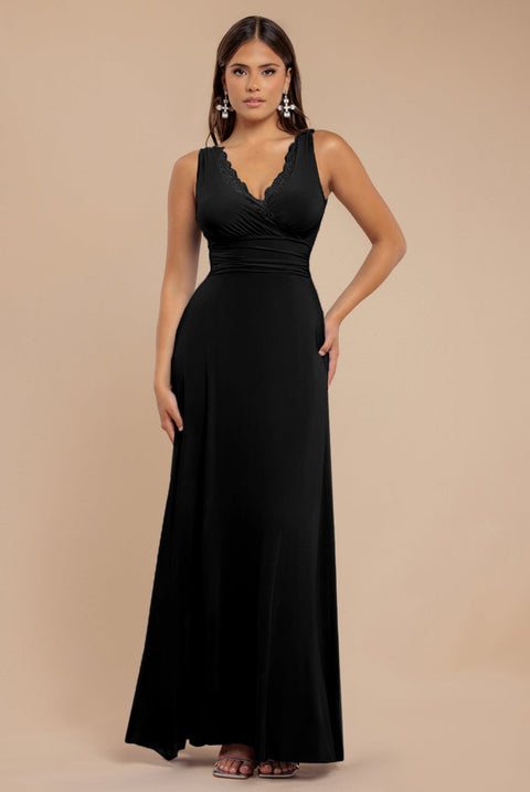 Goddiva Diamante & Scalloped Lace Neck Maxi Dress - Black