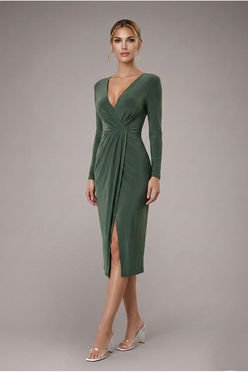 Goddiva Front Crossover Split Midi Dress - Olive Green