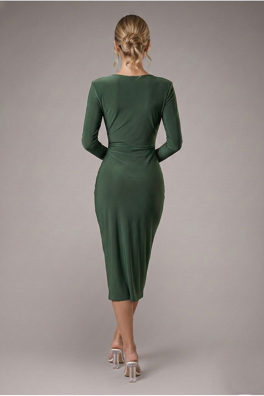Goddiva Front Crossover Split Midi Dress - Olive Green