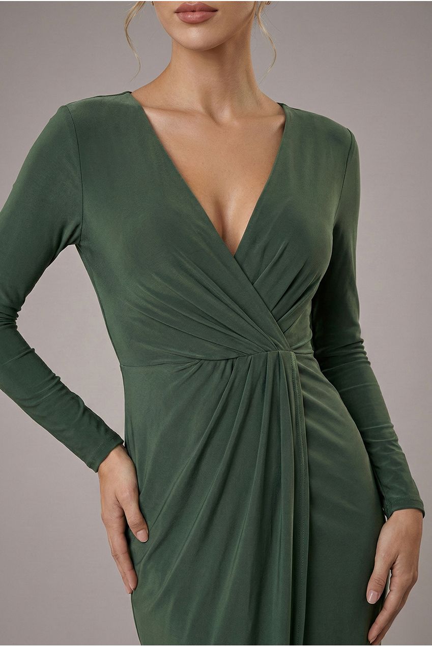 Goddiva Front Crossover Split Midi Dress - Olive Green