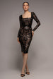 Goddiva Sequin Square Neck Bodycon Midi Dress With Scalloped Hem - Black