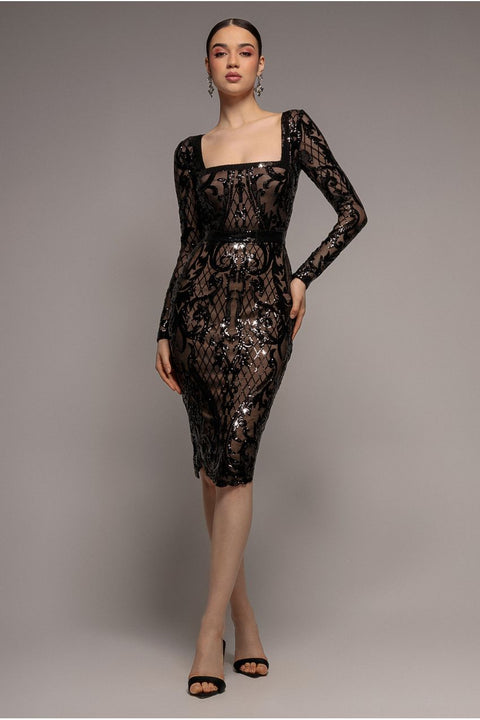 Goddiva Sequin Square Neck Bodycon Midi Dress With Scalloped Hem - Black
