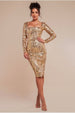 Goddiva Sequin Square Neck Bodycon Midi Dress With Scalloped Hem - Gold