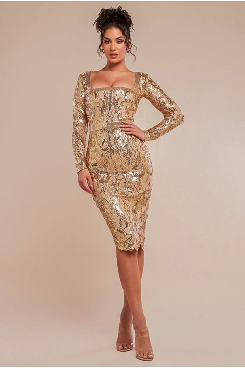 Goddiva Sequin Square Neck Bodycon Midi Dress With Scalloped Hem - Gold