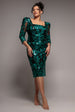 Goddiva Plus Square Neck Scalloped Embroidered Sequin Midi Dress - Emerald Green