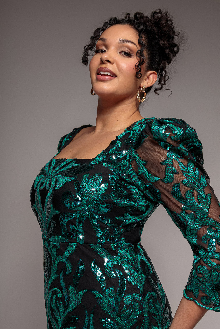 Goddiva Plus Square Neck Scalloped Embroidered Sequin Midi Dress - Emerald Green