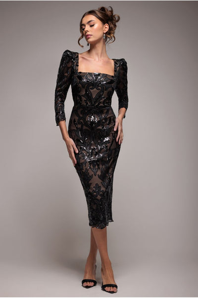 Black - Goddiva Square Neck Scalloped Embroidered Sequin Midi Dress - Black