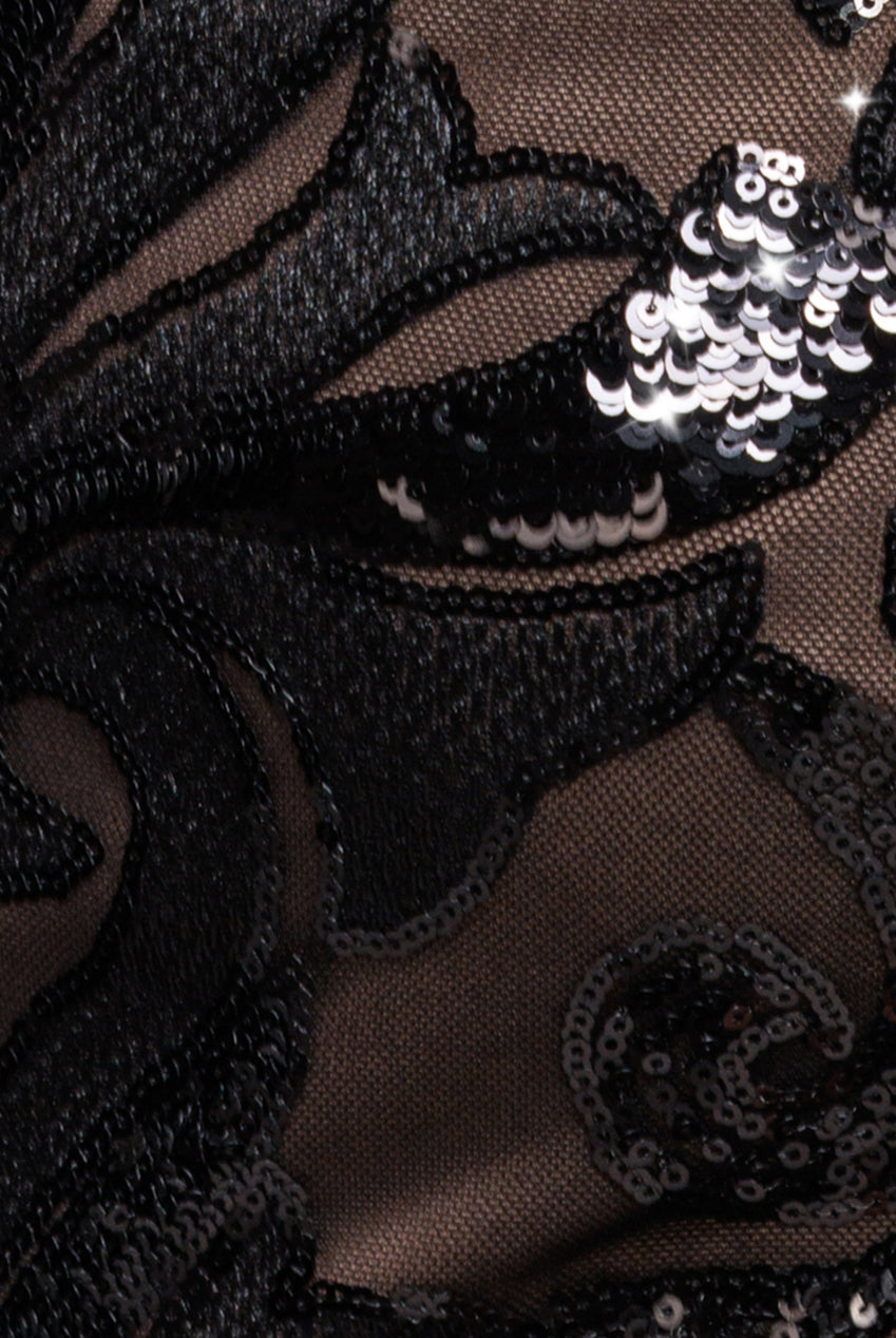 Goddiva Square Neck Scalloped Embroidered Sequin Midi Dress - Black