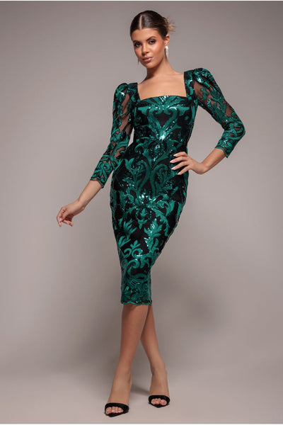 Emerald - Goddiva Square Neck Scalloped Embroidered Sequin Midi Dress - Emerald Green