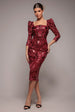 Goddiva Square Neck Scalloped Embroidered Sequin Midi Dress - Wine