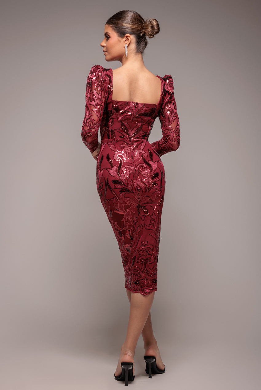 Goddiva Square Neck Scalloped Embroidered Sequin Midi Dress - Wine