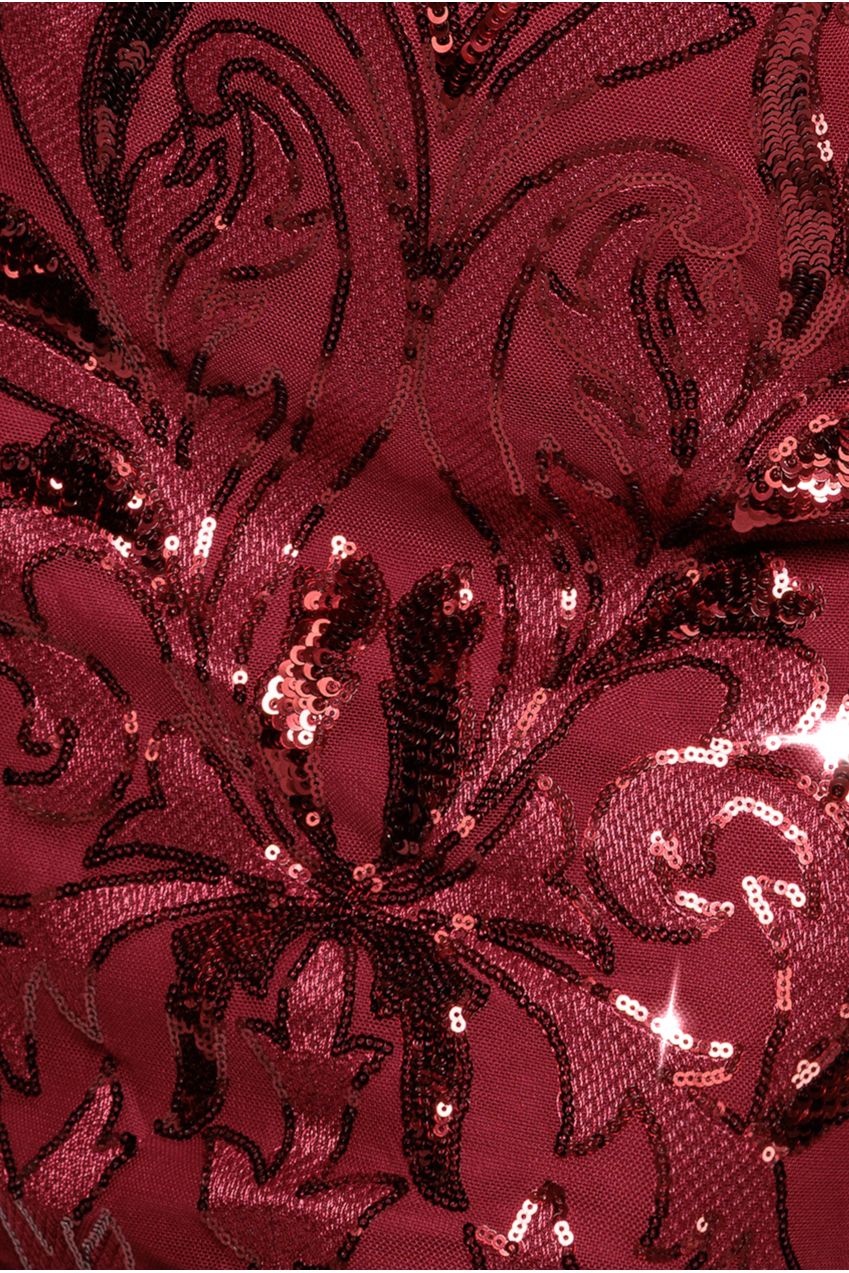 Goddiva Square Neck Scalloped Embroidered Sequin Midi Dress - Wine