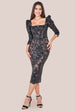 Goddiva Square Neck Scalloped Embroidered Sequin Midi Dress - Black
