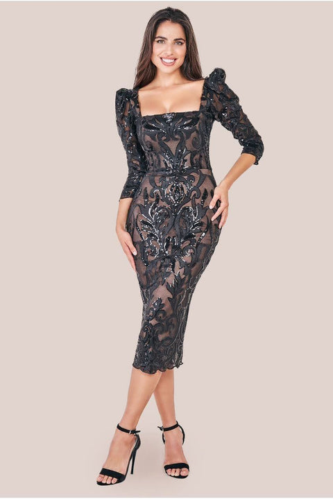 Goddiva Square Neck Scalloped Embroidered Sequin Midi Dress - Black